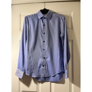 Lorenzo Uomo Mens Blue Micro Check Trim Fit Dress Shirt 14.5 32/33 Spread Collar